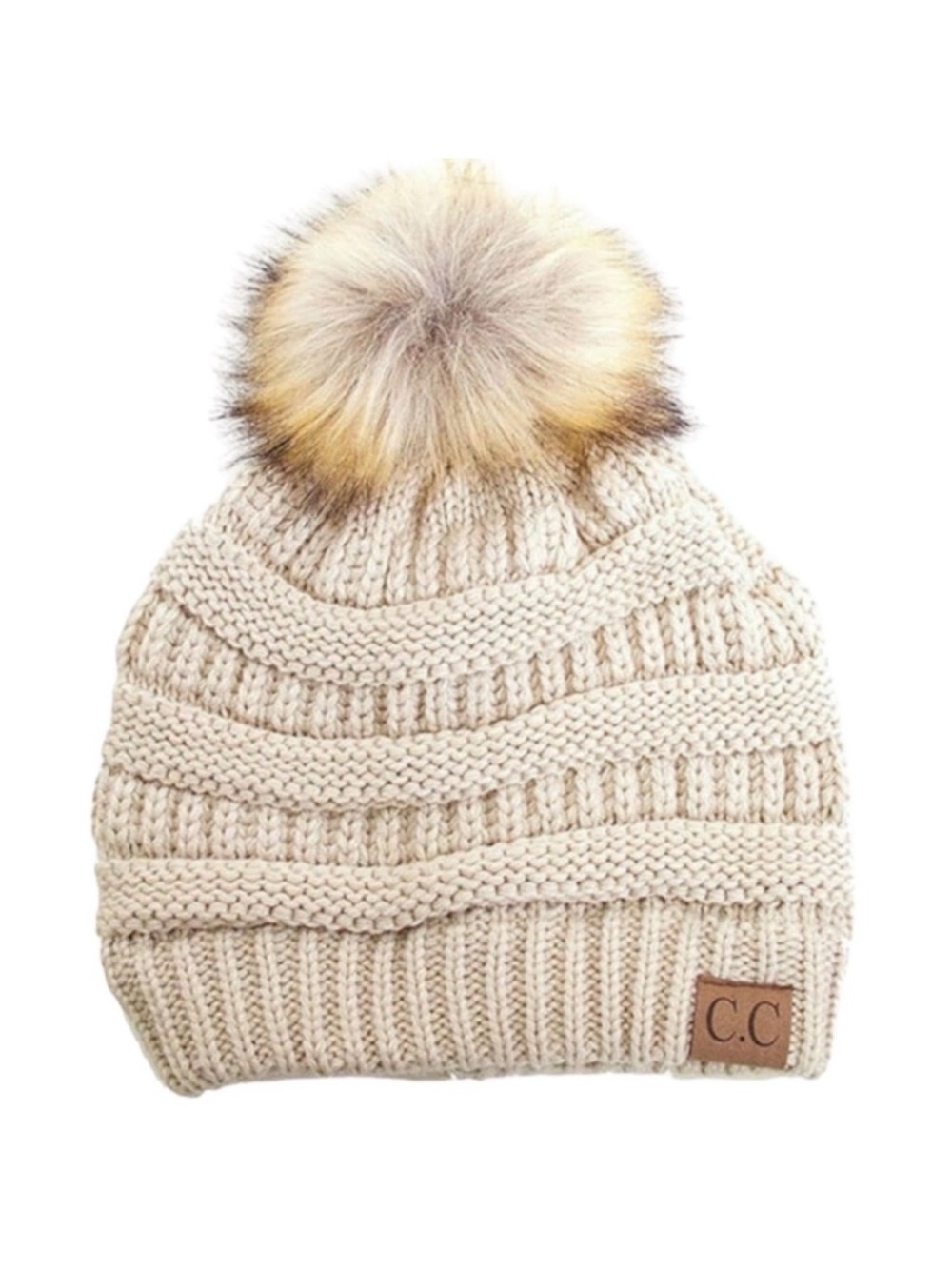 CC Beige Cable Knit Pom Pom Beanie Faux Fur Winter Hat Chunky OS